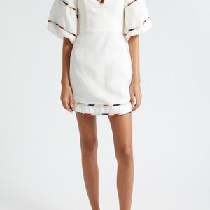 FARM Rio White Stripe Trim Puff Sleeved Linen Mini Dress
